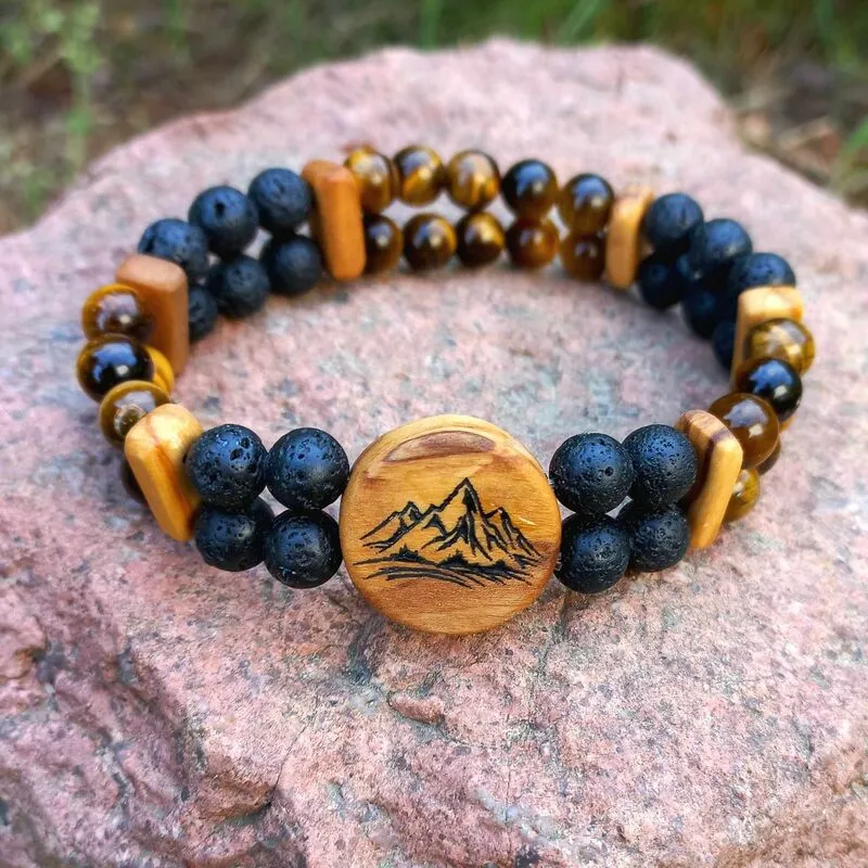 Męska bransoletka z lawy wulkanicznej i drewna oliwnego - biżuteria z pasją